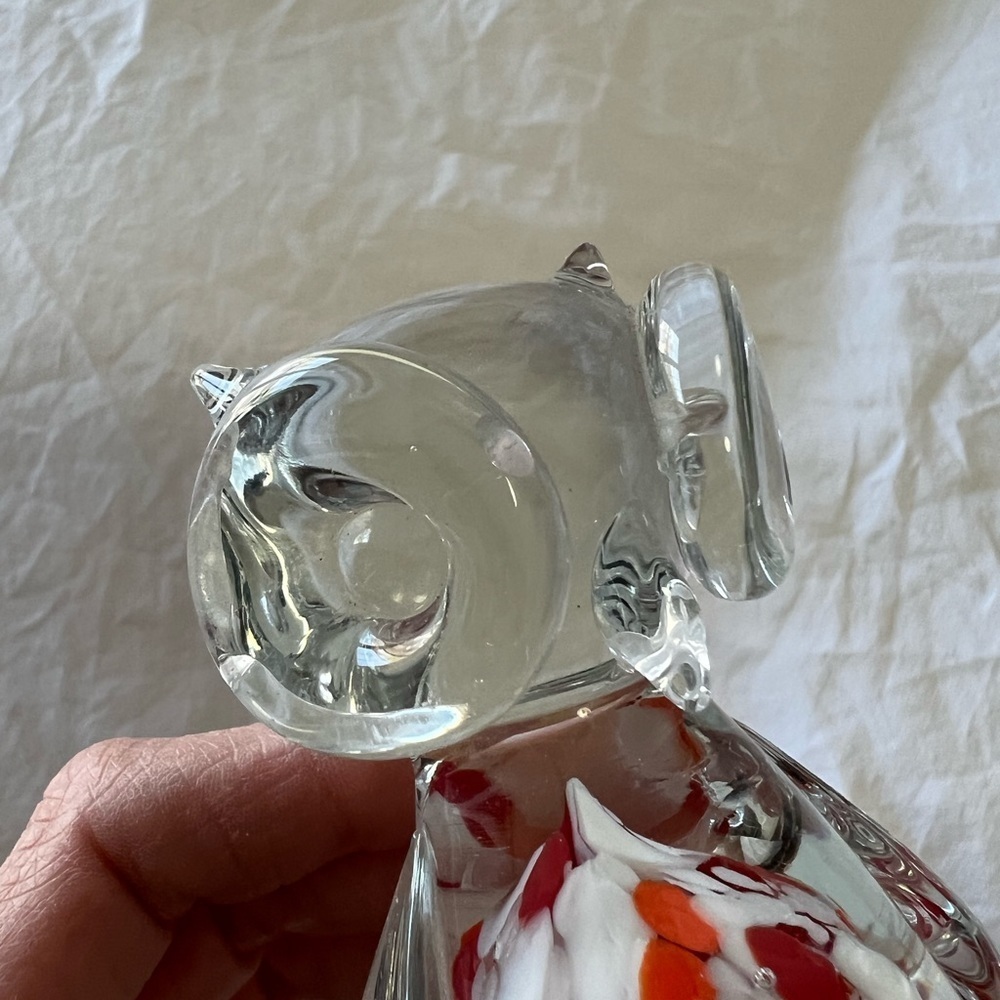 Art Glass Owl Figurine Paperweight Clear Orange White Spotted Chest | Handblown - Picture 6 of 8